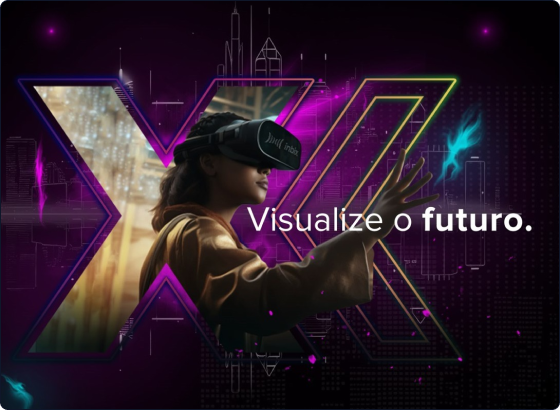 Imagem com o logo da InbiXperience e uma mulher com óculos de realidade virtual no meio.